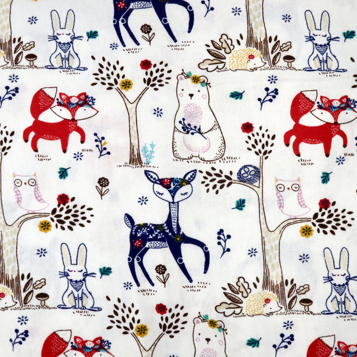 Floral Forest Animals on White - Nursery Cotton