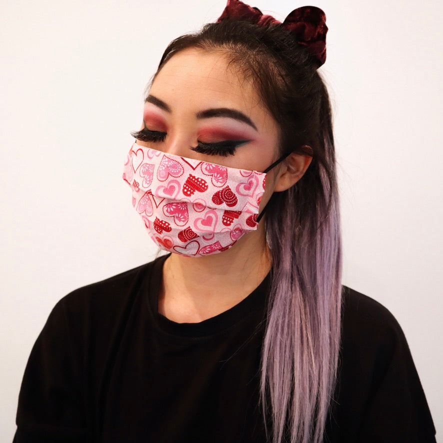 Pink Heart Glitter Explosion 2 Layer Cotton Face Mask with Filter Pocket, Nose Wire, Adjustable Ear Loops