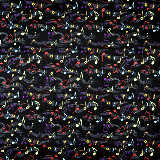 Colorful Music Notes on Black - Quilting Cotton